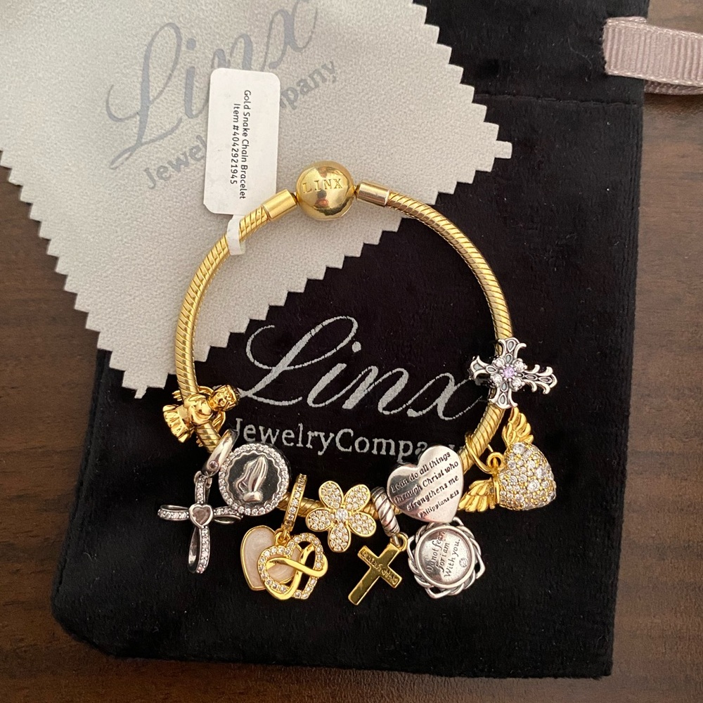 Linx Yellow Gold Snake Chain Bracelet with Religious Themed Charms